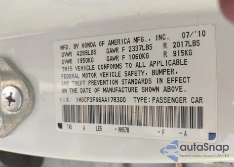 2010 Honda Accord 2.4 Lx-P из США, поврежденный, VIN 1HGCP2F46AA178300